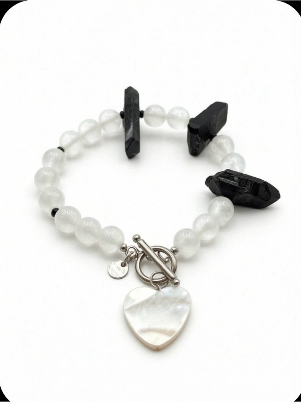 White and Black Beaded Heart Charm Bracelet